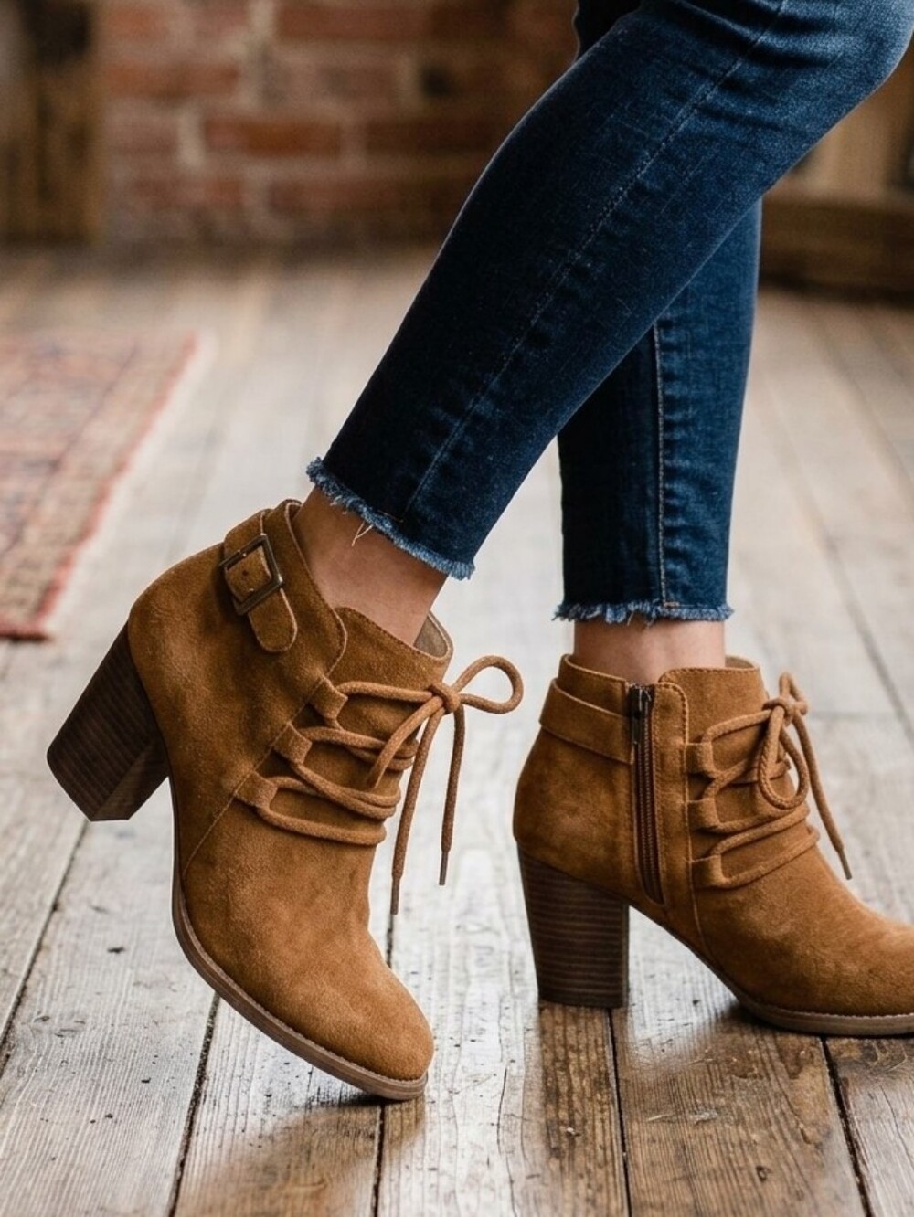 Diba Tan Suede Lace Up Ankle Boots Block Heel Booties